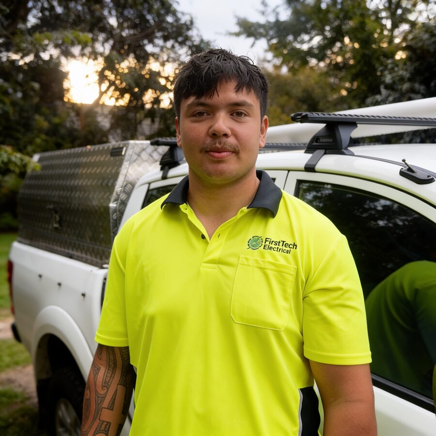 Kees Pereka, owner of First Tech Electrical, in front of the company vehicle in Palmerston North